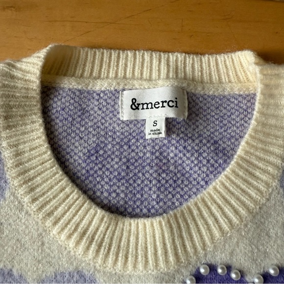 &merci Cream and Purple Hearts Pearls Long Sleeves Top Size Small Sweater - Picture 5 of 13